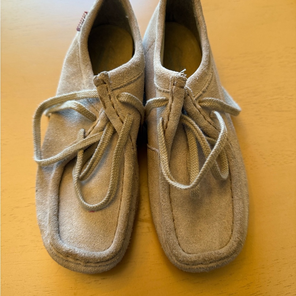 Clarks Tan Moccasins with Squared Toe and Visible Stitching